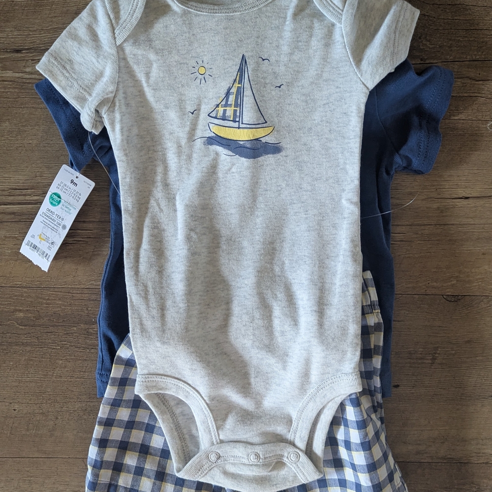 Sailboat Graphic Baby Onesie and Checkered Shorts Set